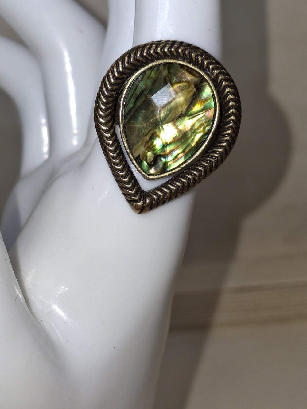 Teardrop Abalone Shell Or Better Ring in Iridescent Green
